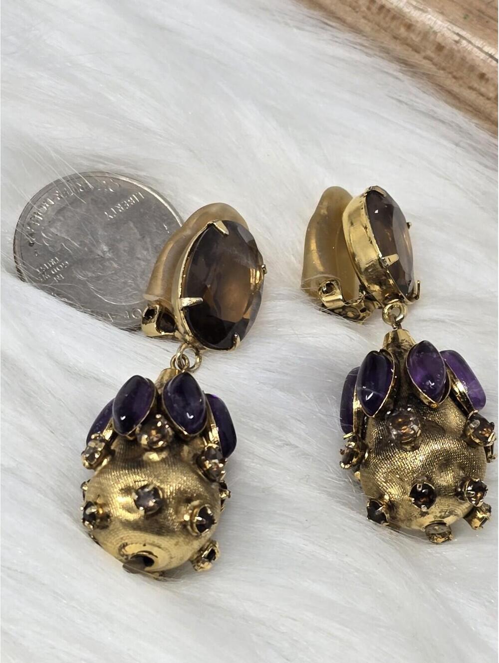 Vintage Amethyst Cabochon Dangle Drop Clip Earrings Estate - Picture 2 of 9